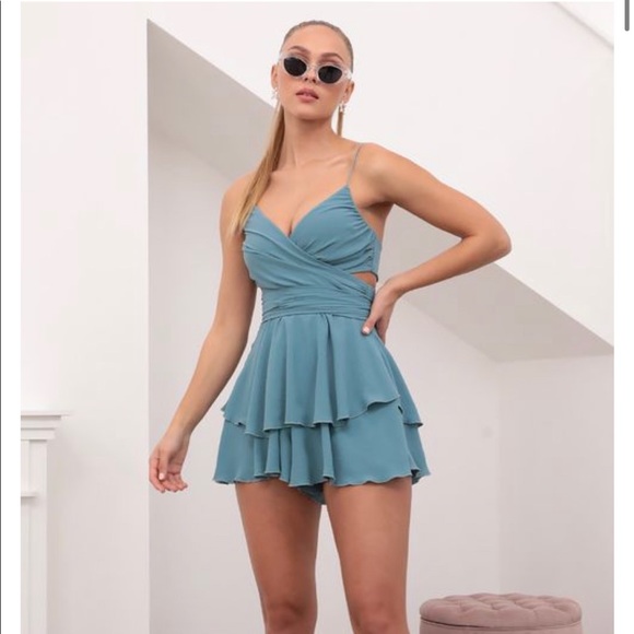 Lucy in the sky - “Shelby Ruffle Baby Doll Romper in Teal” dress - Picture 1 of 6